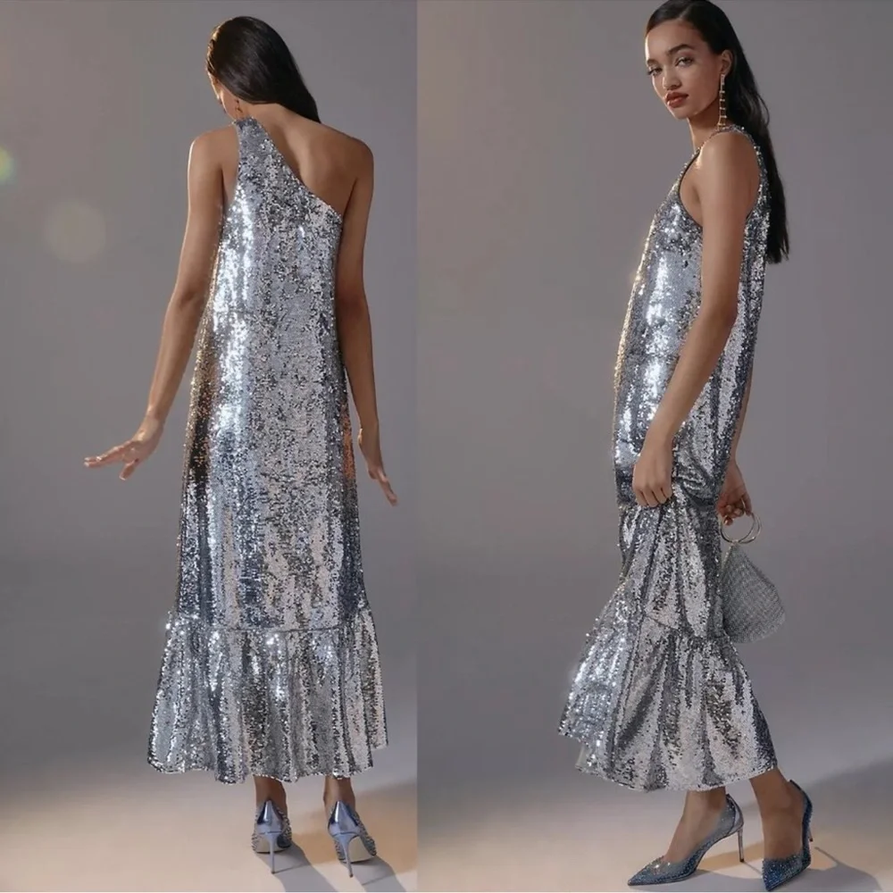 Anthropologie Metallic One-Shoulder Dress - Picture 2 of 12